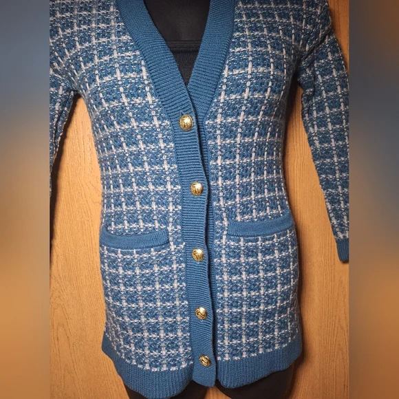 Talbots Blue and White Checkered Cardigan - Picture 3 of 7